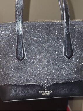 kate spade black glitter tote with leather trim